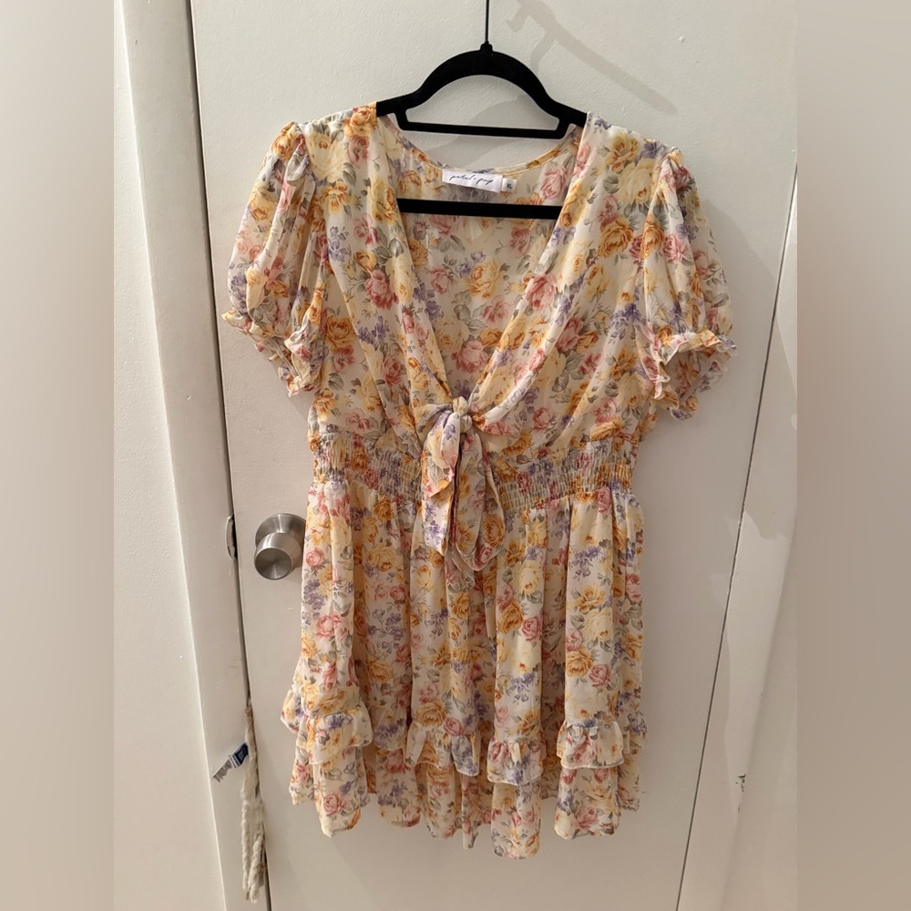 Petal + Pup Cream Floral Tie Front Ruffle Mini Dress Size XL